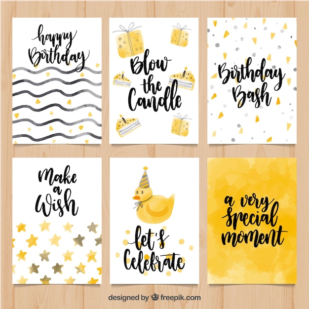 Gratis vector set van aquarel verjaardagskaarten met berichten