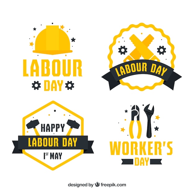 Gratis vector set van badges van de dag van de arbeid in de hand getrokken stijl