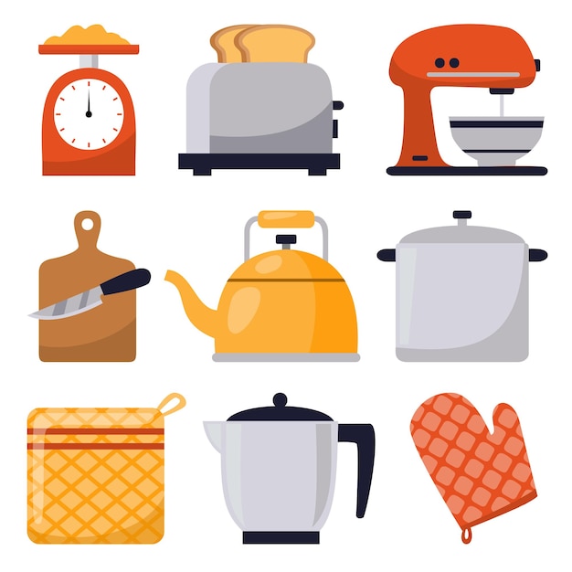 Gratis vector set van bakkerijapparatuur bakken tools broden gebak zoals schaal mixer machine waterkokers en andere in tekenstijl op witte achtergrond vectorillustratie