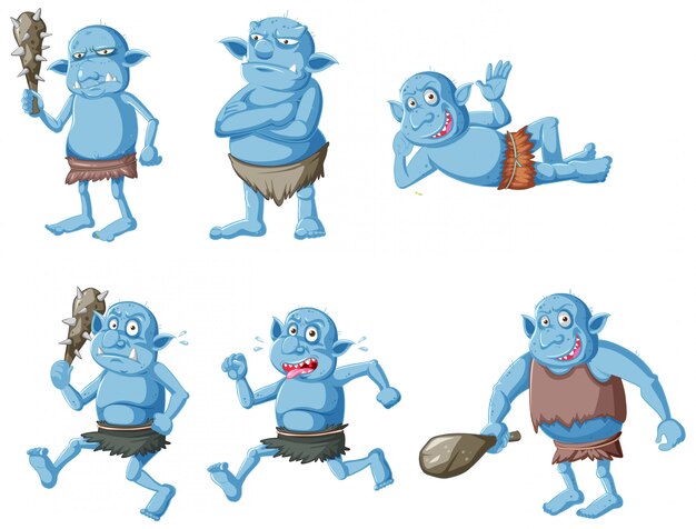 Set van blauwe goblin of trol in verschillende poses in stripfiguur geïsoleerd