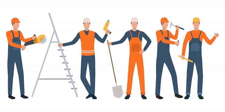 Gratis Vector set van bouwers en klusjesmannen staan, holding tools en werken