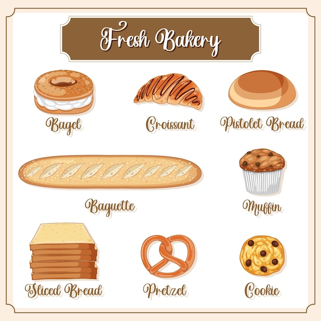 Gratis vector set van brood en banket bakkerijproducten