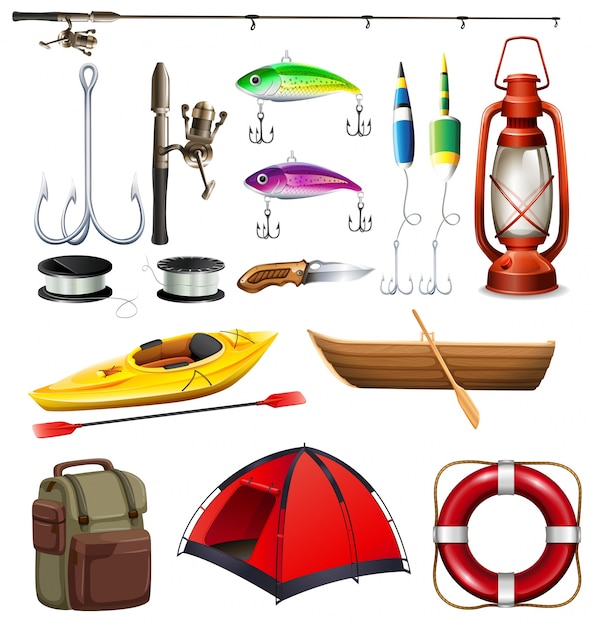 Set van camping en visserij apparatuur illustratie