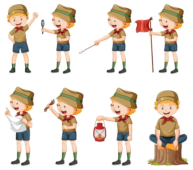 Gratis vector set van camping kids stripfiguur