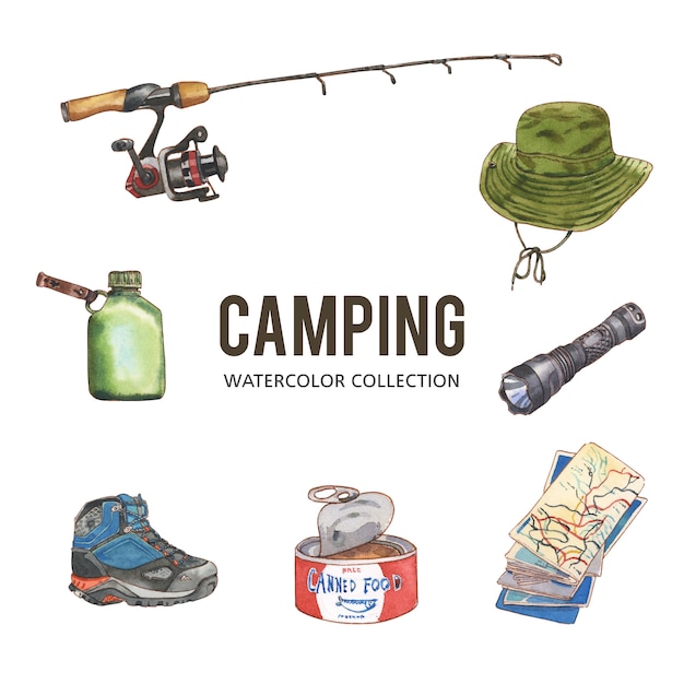 Set van camping ontwerp met aquarel, hand getrokken illustratie