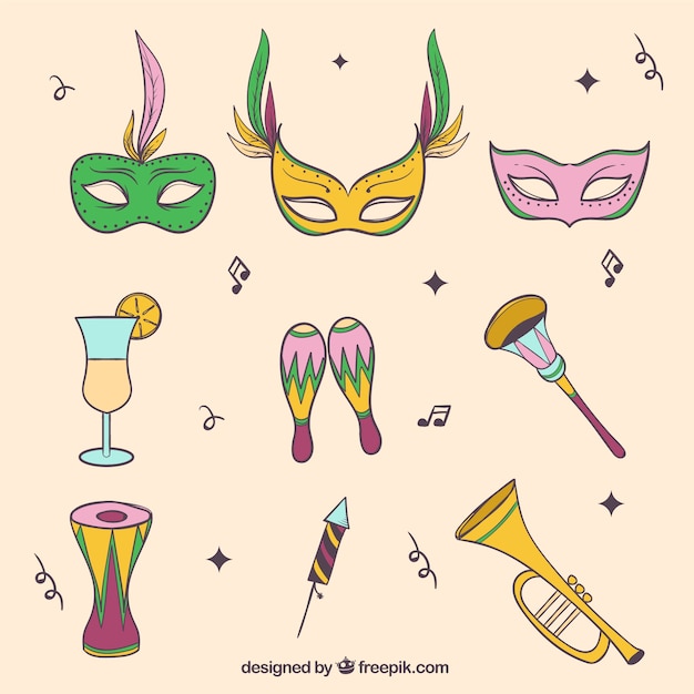 Gratis vector set van carnaval maskers en met de hand getekende objecten