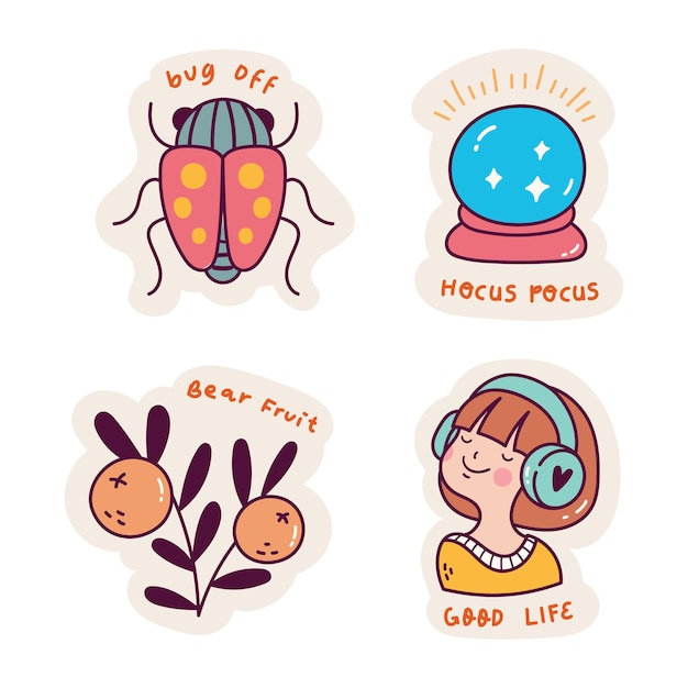 Gratis vector set van cartoon kawaii sticker doodle