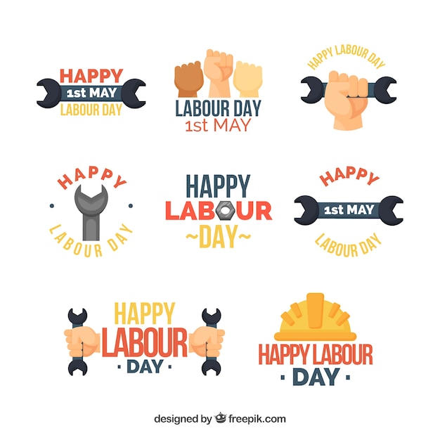 Gratis vector set van dag van de arbeid badges in vlakke stijl