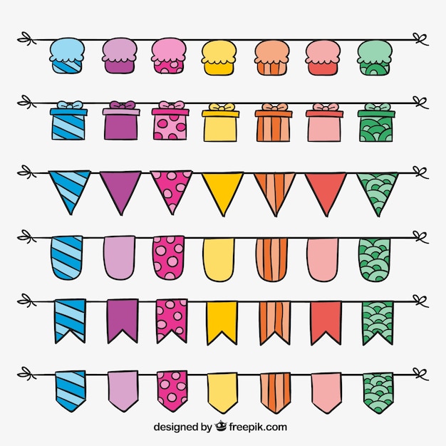 Gratis vector set van de hand getekende kleurrijke slingers