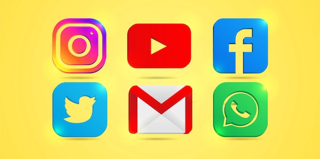 Set van de meest populaire social media iconen: instagram, youtube, facebook. twitter, e-mail en whatsapp. Premium Vector