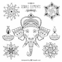 Gratis vector set van decoratieve diwali en ganpati elementen