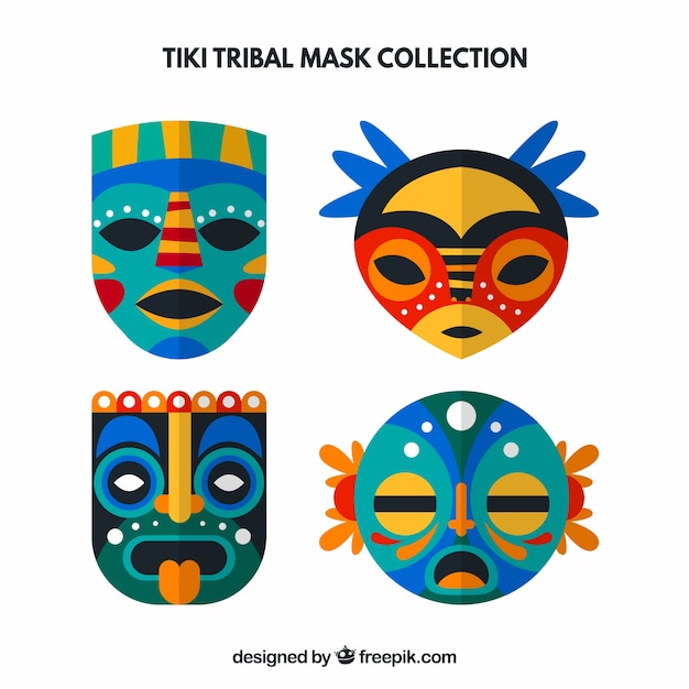 Gratis vector set van decoratieve tiki maskers in plat ontwerp