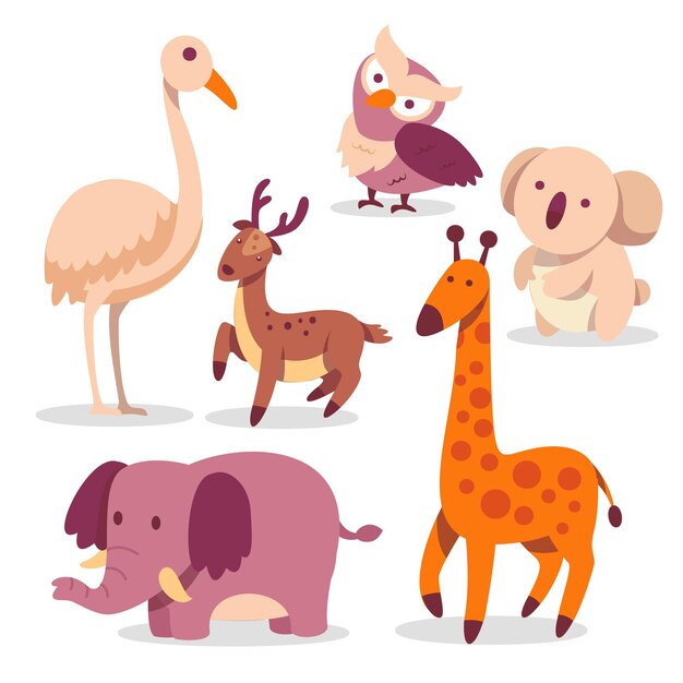 Set van dieren in cartoon stijl geïsoleerd op een witte achtergrond Leuke vogel uil giraffe koala olifant en herten Vector illustratie