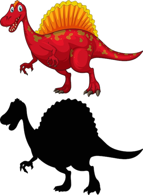 Gratis vector set van dinosaurus stripfiguur en zijn silhouet op witte achtergrond