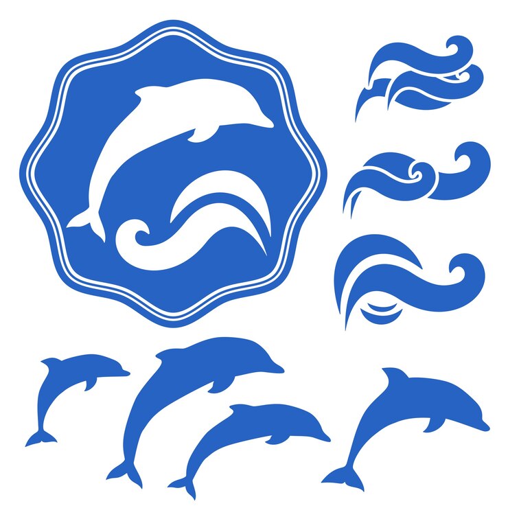 Gratis Vector set van dolfijnen silhouetten. blauwe golven op wit