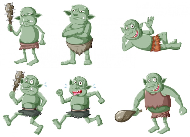 Gratis vector set van donkergroene goblin of trol in verschillende poses in stripfiguur