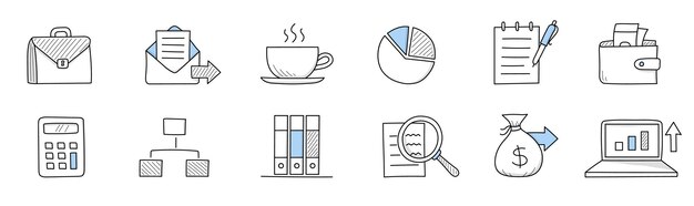 Set van doodle pictogrammen, lineaire vector zakelijke tekens