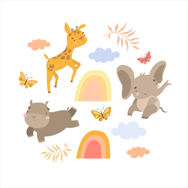 set van doodles dieren safari en regenboog