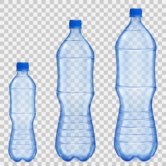 Set van drie doorzichtige plastic flessen van verschillende maten en volumes met mineraalwater in blauwe kleuren. transparantie alleen in vectorbestand