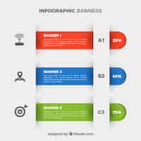 Gratis vector set van drie gekleurde infographic banners met decoratieve pictogrammen