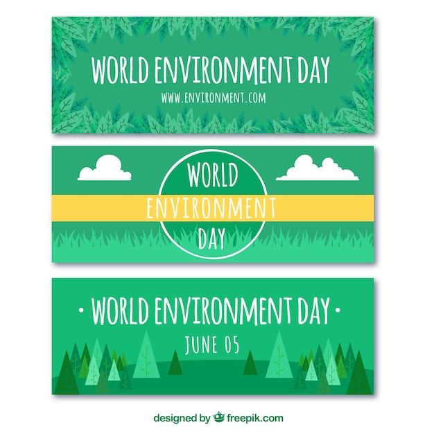 Gratis vector set van drie groene banners voor de dag wereld milieu