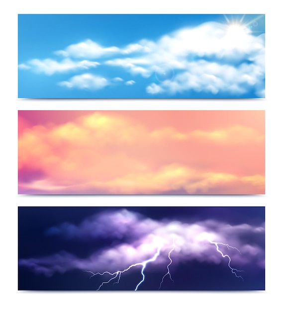 Gratis vector set van drie horizontale wolkenbanners met realistisch uitzicht op de natuur