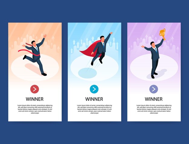 Set van drie isometrische winnaar zakenman verticale banners