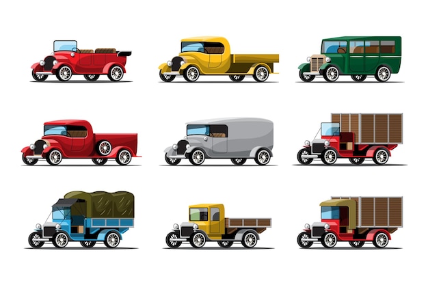 Gratis vector set van drie soorten werkauto's in vintage of antieke stijl op wit