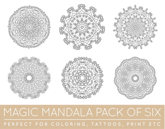 Set van etnische fractal mandala vector meditatie tattoo ziet eruit als sneeuwvlok of maya azteekse patroon of bloem ook geïsoleerd op wit