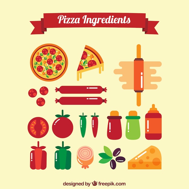 Gratis vector set van flat pizza ingrediënten