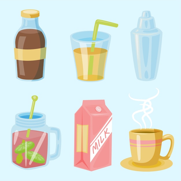 Set van geassorteerde drank of frisdrank melk koffie sap in tekening stijl vectorillustratie