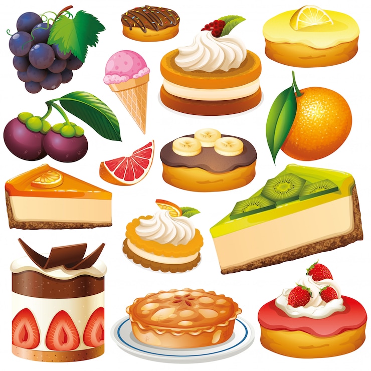 Gratis Vector set van geïsoleerde fruit en desserts