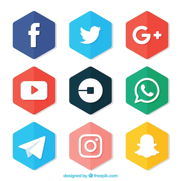 Gratis vector set van gekleurde zeshoeken met logo's van sociale netwerken