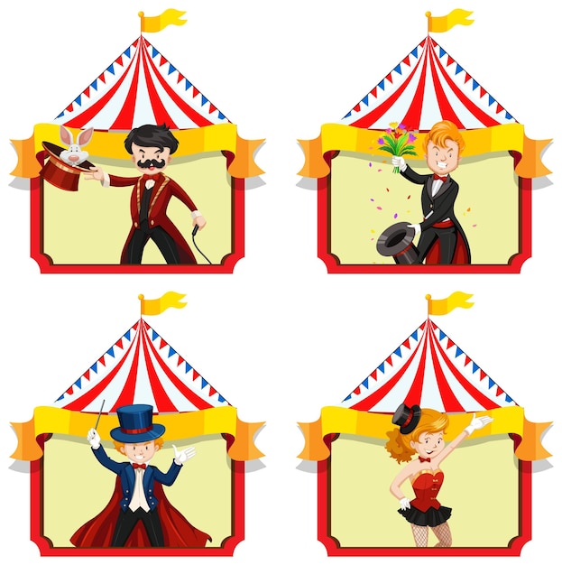 Set van goochelaars met circustent achtergrond