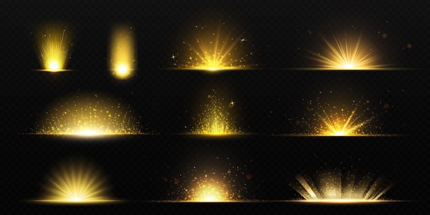 Set van gouden lichtflits-effecten geïsoleerd op transparante achtergrond vector realistische illustratie van heldere gele explosie met glinsterende fonkelende deeltjes sterrenlicht uitbarsting kerstverrassing