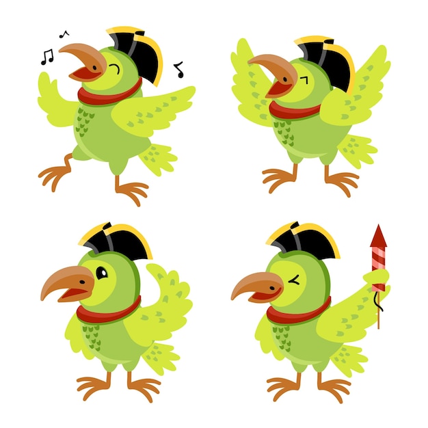 Gratis vector set van grappige cartoon piraat papegaai karakter zingen lied lachen blazende voetzoeker