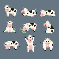Set van grappige gevlekte koe op grijze achtergrond. cartoon afbeelding