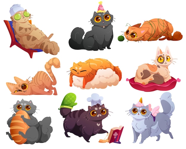 Gratis vector set van grappige katten stripfiguren huis huisdieren