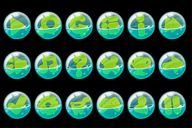 Set van groene knoppen in zeepbellen voor de interface.