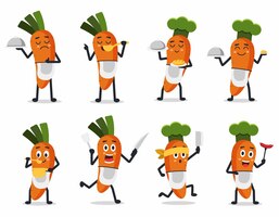 Gratis vector set van groente met verschillende activiteit stripfiguur grafisch ontwerp voor banner, schattige wortel in chef's uniform, gebruiksvoorwerpen gebruiken om voedsel te koken, vectorillustratie