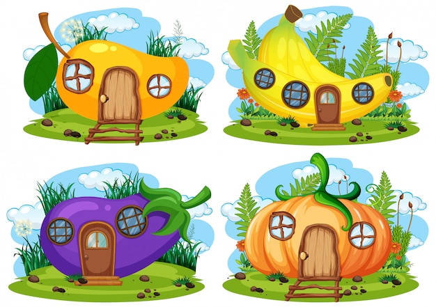 Gratis vector set van groenten en fruit fairy house