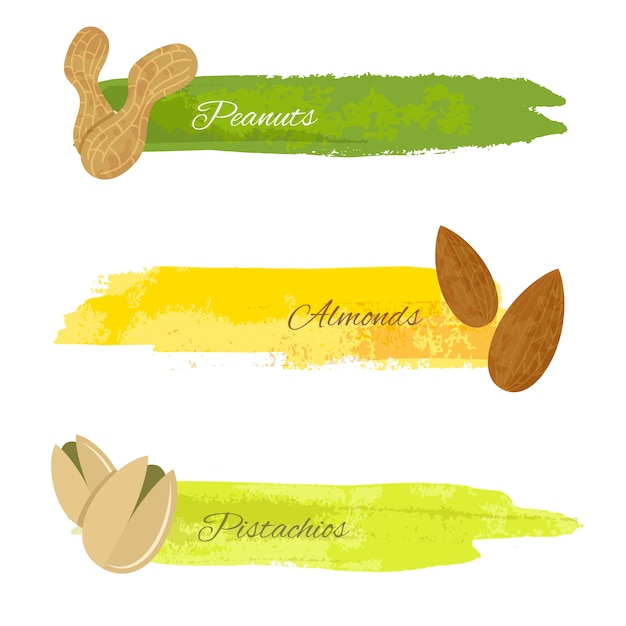 Set van grunge kleurrijke banners met pistachio amandel noten geÃ¯soleerd op witte vector illustratie