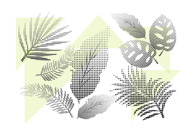 Set van halftoon groene tropische bloemen en bladeren