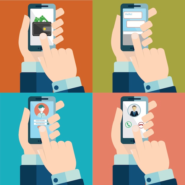 Gratis vector set van hand aanraken smartphone scherm