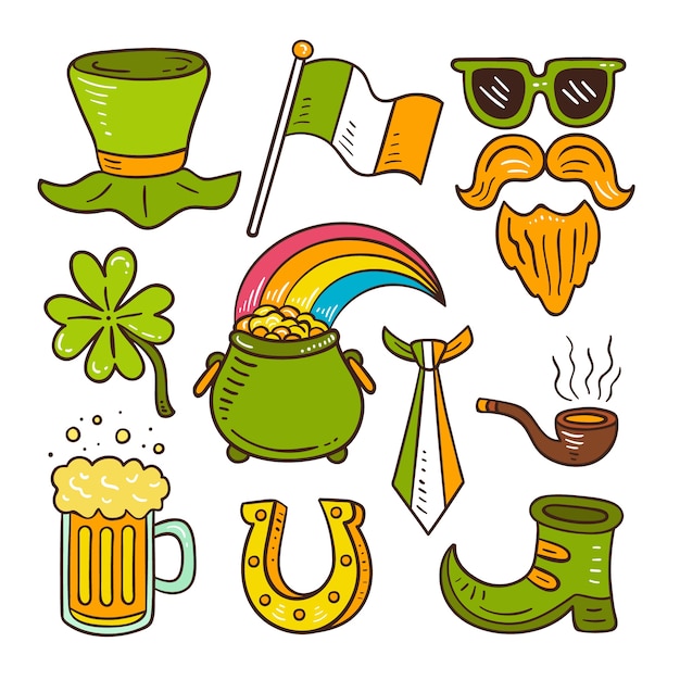 Gratis vector set van hand getrokken groene objecten en levensmiddelen voor st. patrick's dag