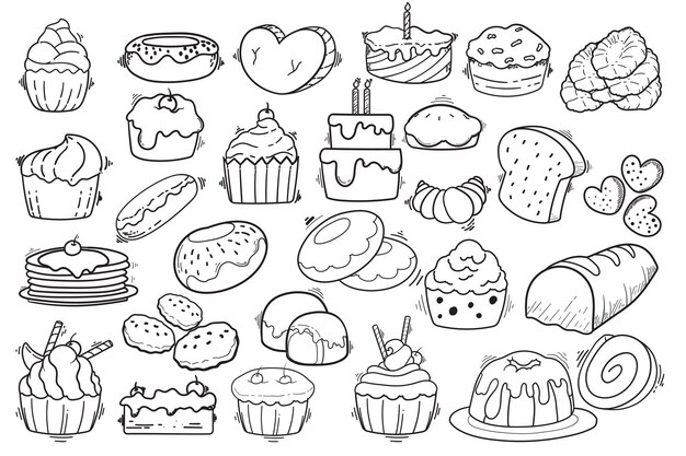 Set van handgetekende doodle illustraties van taarten