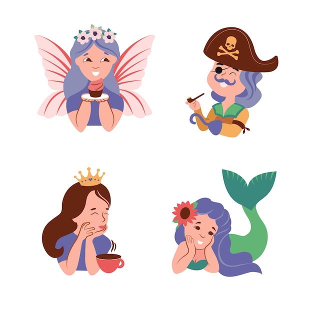 Set van handgetekende Fairytale vectorillustraties De verzameling kinderen stripfiguren voor logo ontwerpen stickers badges etiketten t-shirts enz