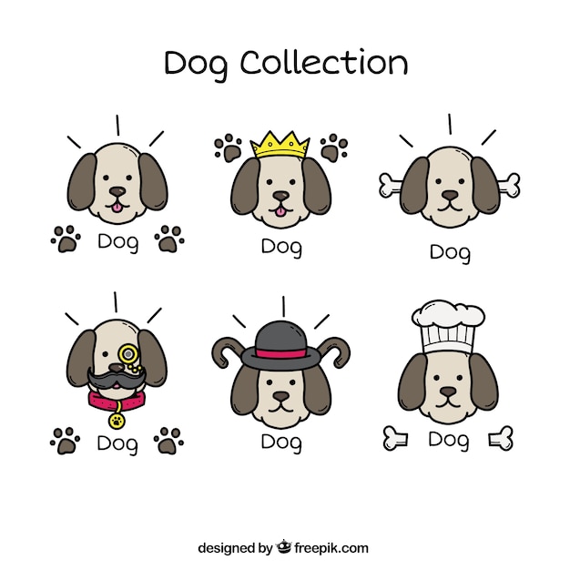 Gratis vector set van handgetekende hond met decoratieve accessoires