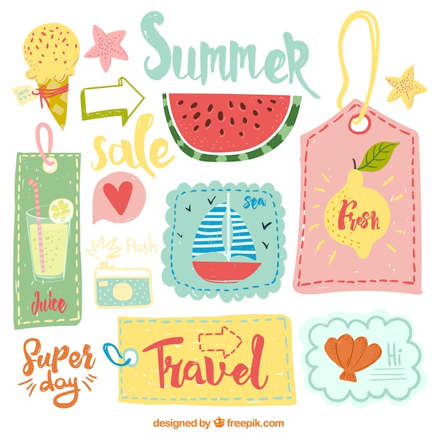 Set van handgetekende zomer retro stickers