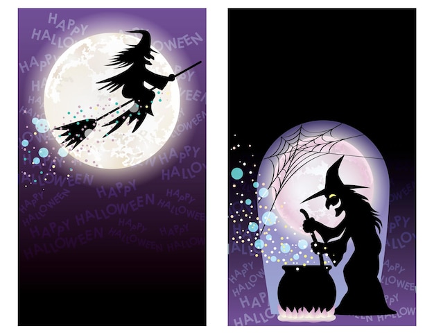 Gratis vector set van happy halloween-wenskaartsjablonen met heksen, vectorillustratie.